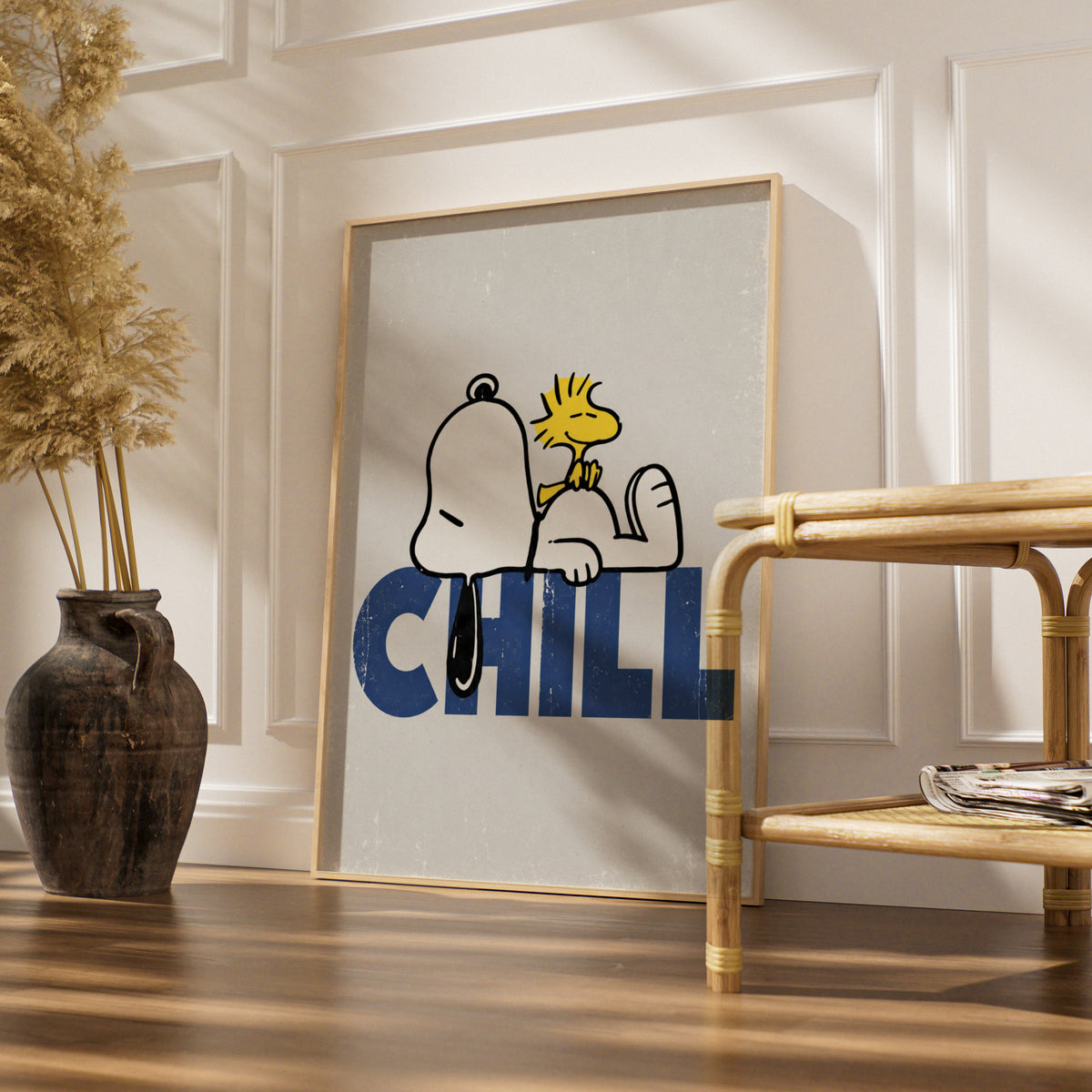 Sleepy Dog and Yellow Bird Chill Poster, Retro Cartoon Wall Art, Funny Quirky Bedroom Decor — styled room mockup 4
