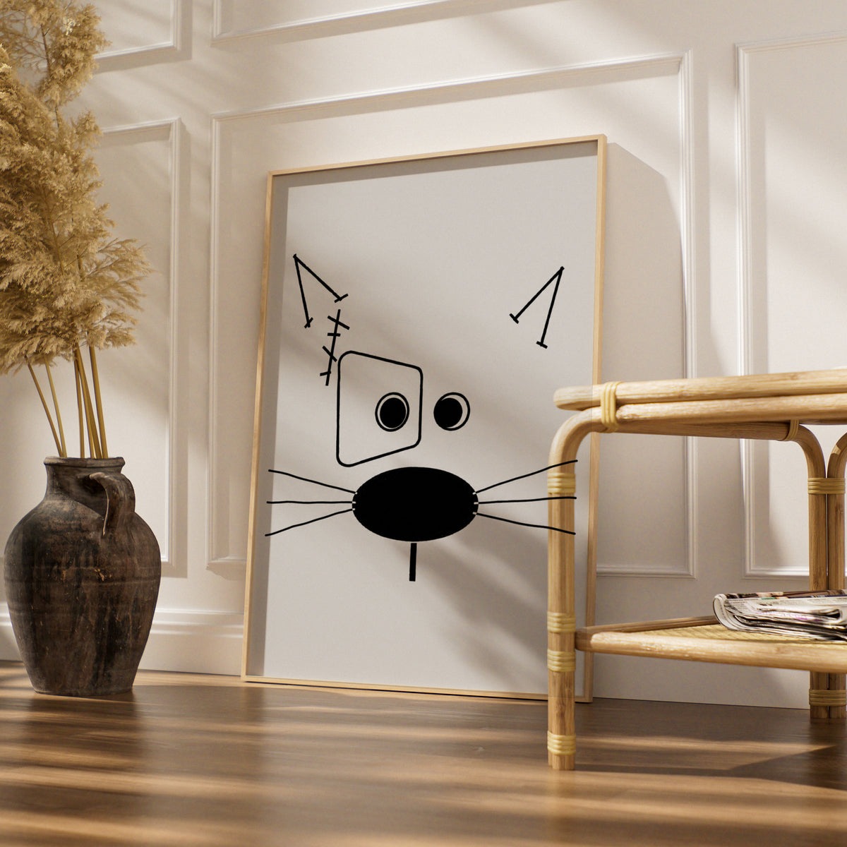 Abstract Cat Face Cartoon Poster, Funny Black and White Wall Art, Quirky Minimalist Line Art Print — styled room mockup 4