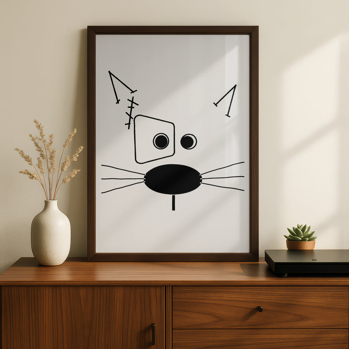 Abstract Cat Face Cartoon Poster, Funny Black and White Wall Art, Quirky Minimalist Line Art Print — styled room mockup 5