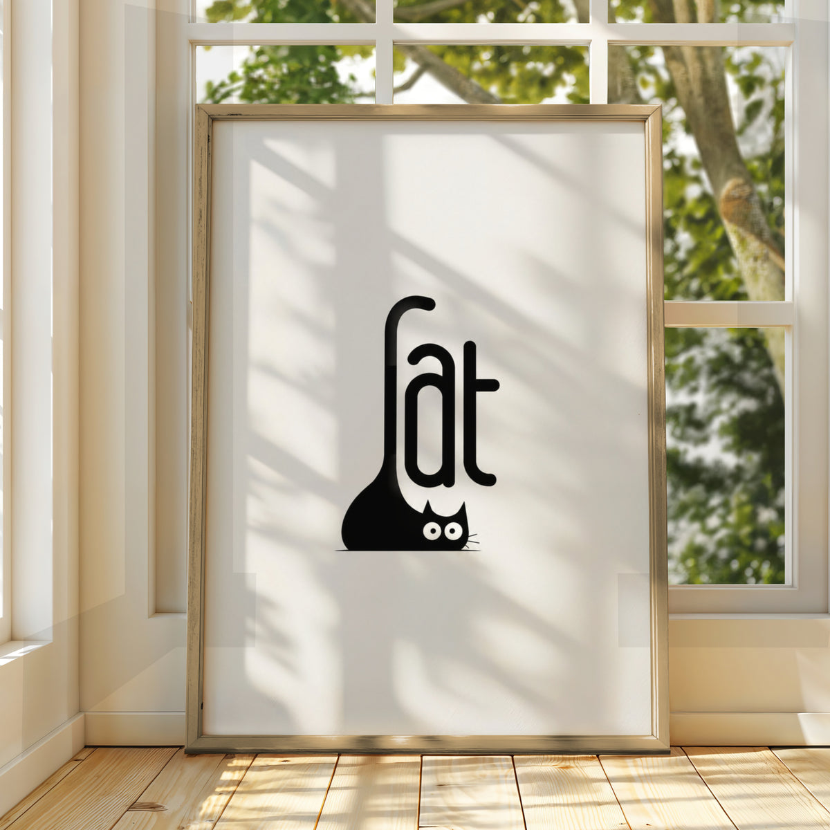 Black Cat Typography Cartoon Poster, Minimalist Cat Wall Art, Funny Quirky Print, Peeking Cat Decor — styled room mockup 3