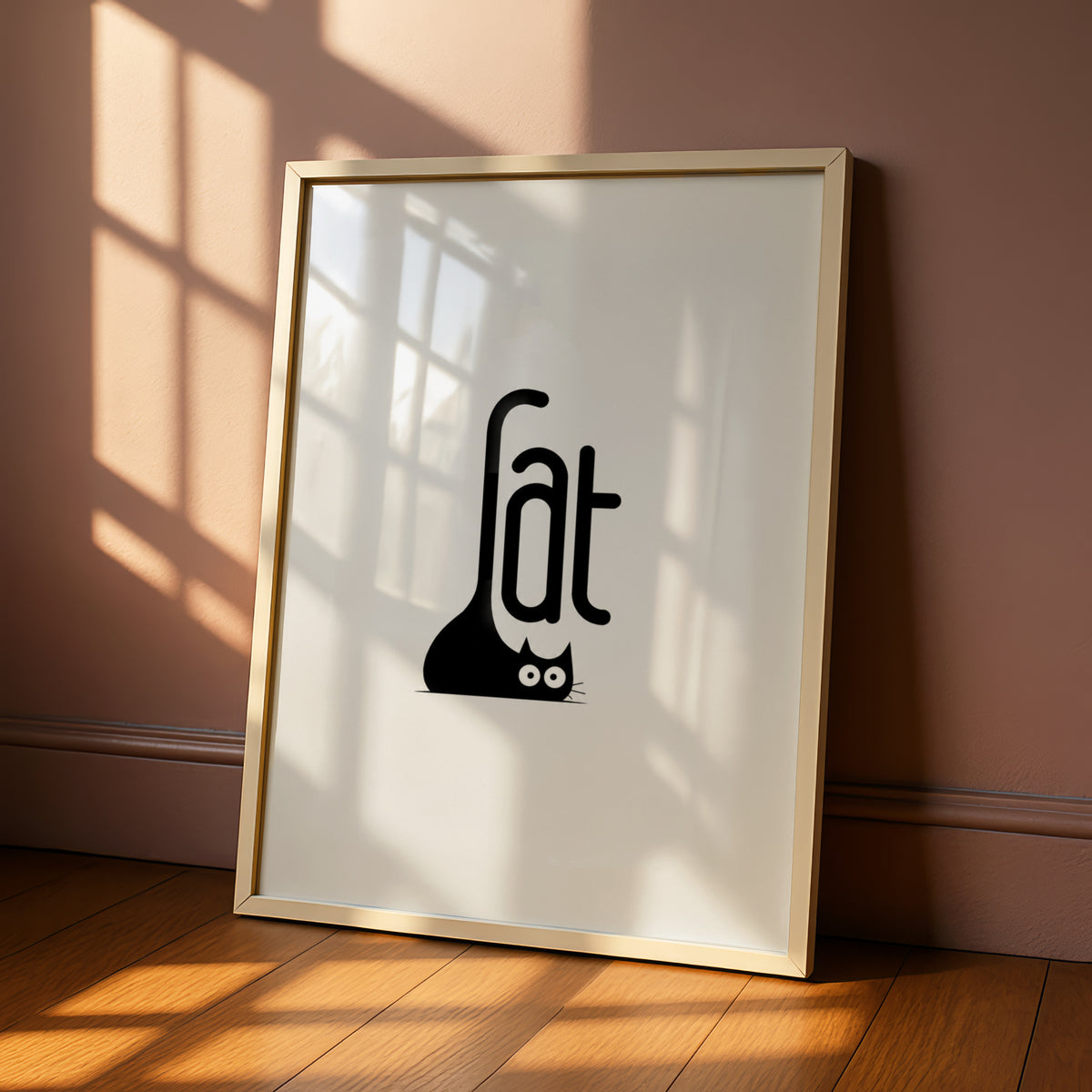 Black Cat Typography Cartoon Poster, Minimalist Cat Wall Art, Funny Quirky Print, Peeking Cat Decor — styled room mockup 6