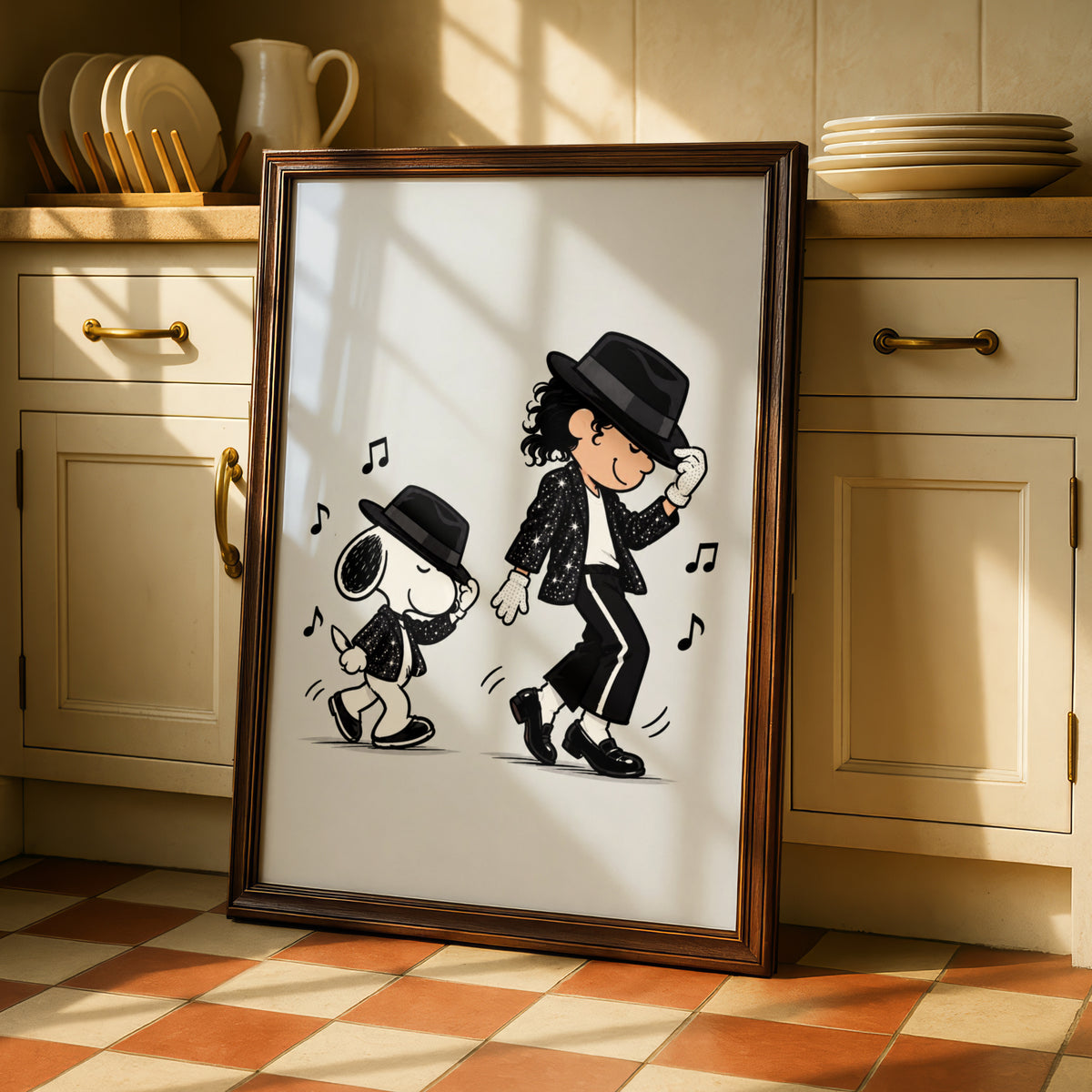 Dancing Beagle Cartoon Poster, Sequin Jacket Fedora Funny Print, Retro Music Quirky Wall Decor — styled room mockup 2