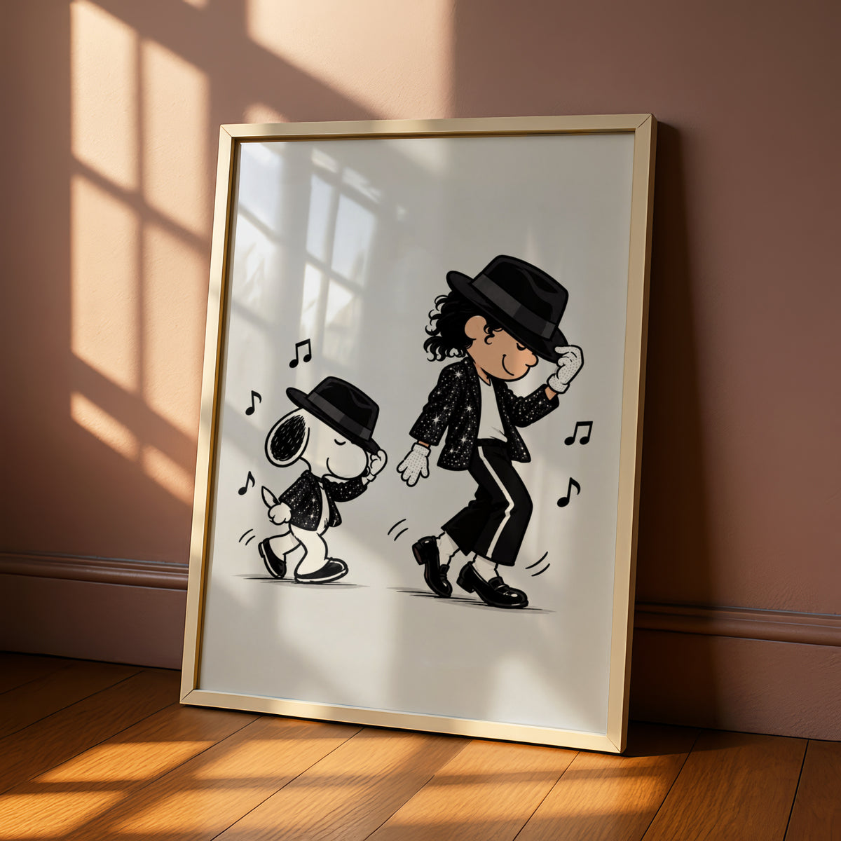 Dancing Beagle Cartoon Poster, Sequin Jacket Fedora Funny Print, Retro Music Quirky Wall Decor — styled room mockup 6
