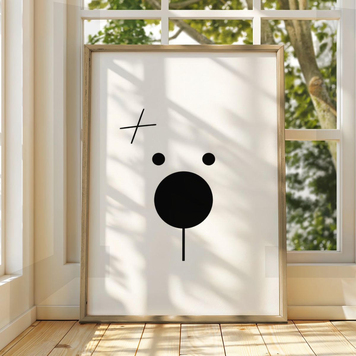 Minimalist Bear Face Cartoon Poster, Black and White Wall Art, Quirky Funny Animal Print — styled room mockup 3