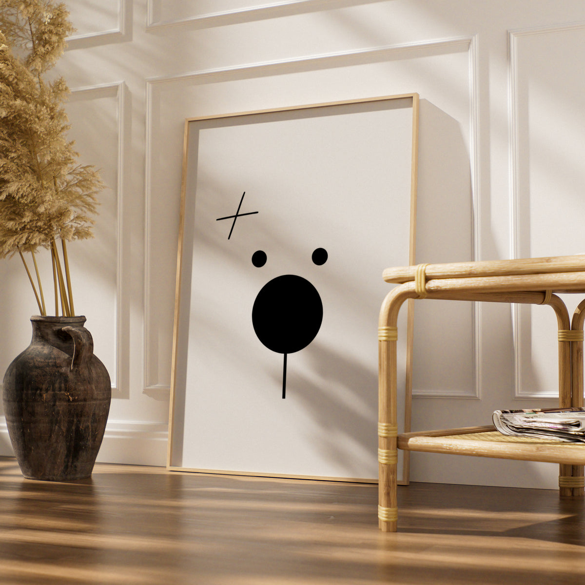 Minimalist Bear Face Cartoon Poster, Black and White Wall Art, Quirky Funny Animal Print — styled room mockup 4
