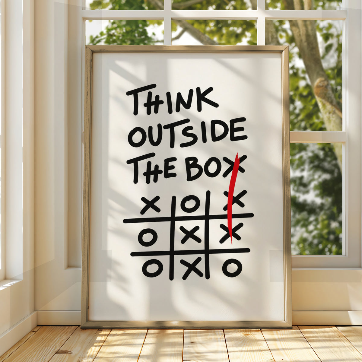 Think Outside The Box Cartoon Poster, Tic Tac Toe Wall Art, Funny Print, Quirky Wall Decor — styled room mockup 3