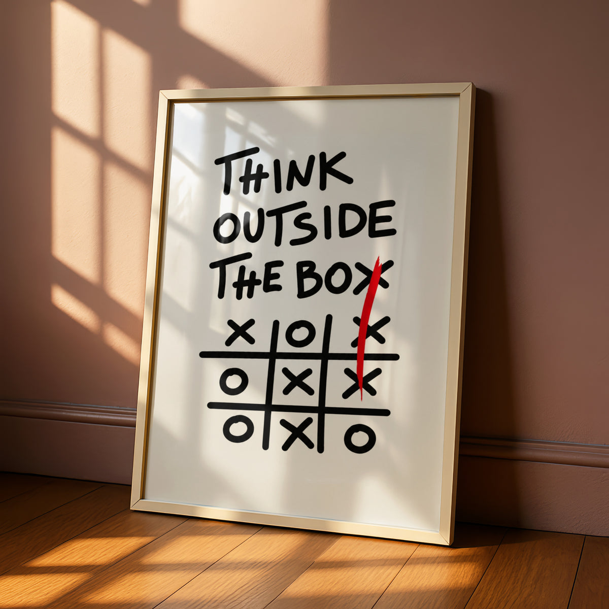 Think Outside The Box Cartoon Poster, Tic Tac Toe Wall Art, Funny Print, Quirky Wall Decor — styled room mockup 6