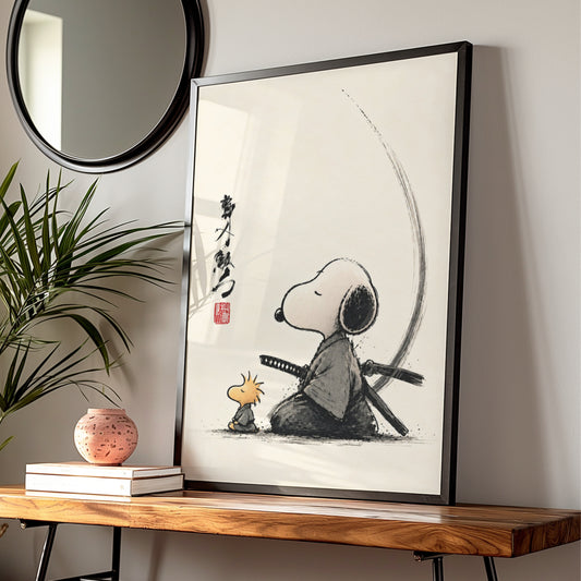 Samurai Beagle and Yellow Bird Cartoon Poster, Japanese Ink Wall Art, Retro Zen Funny Print — styled room mockup 1