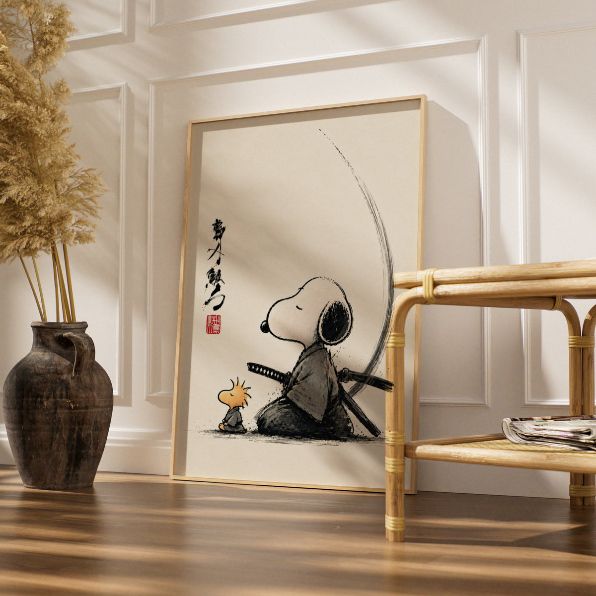 Samurai Beagle and Yellow Bird Cartoon Poster, Japanese Ink Wall Art, Retro Zen Funny Print — styled room mockup 4
