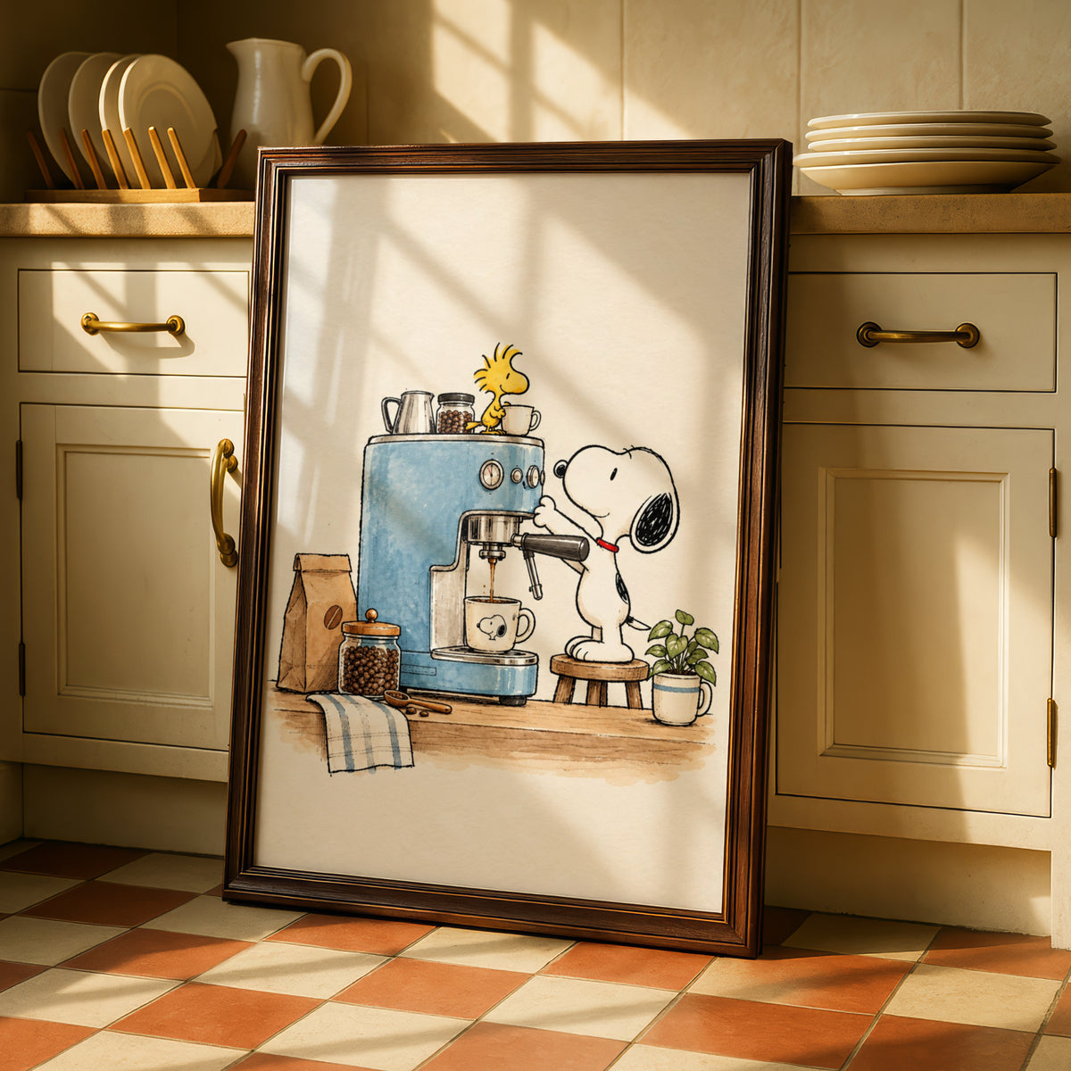 Beagle Dog Making Espresso, Retro Cartoon Poster, Funny Coffee Kitchen Wall Art, Quirky Decor — styled room mockup 2