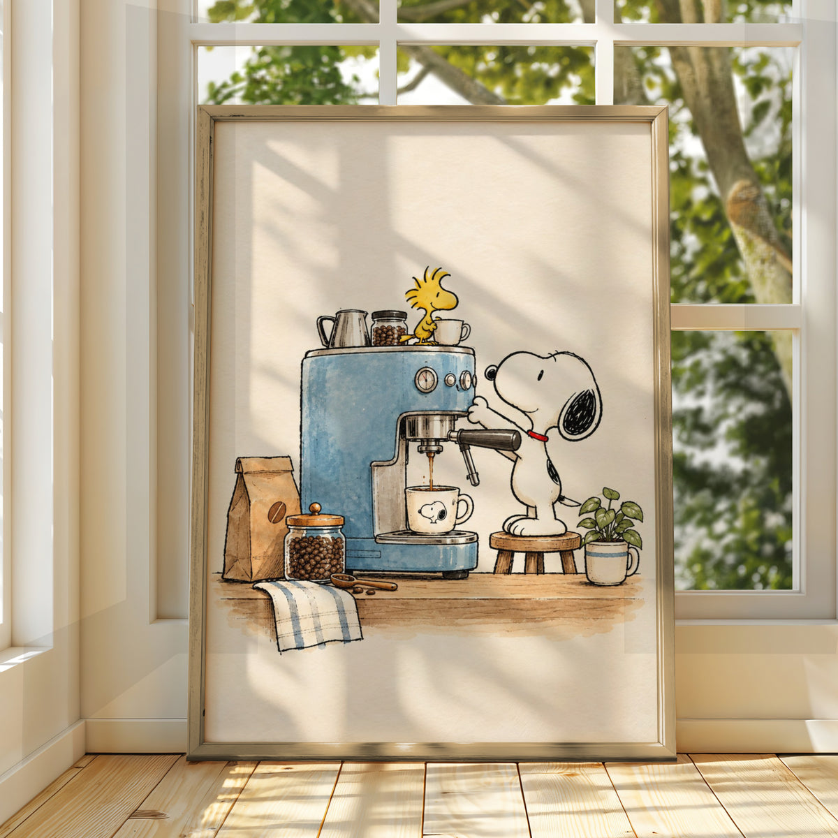 Beagle Dog Making Espresso, Retro Cartoon Poster, Funny Coffee Kitchen Wall Art, Quirky Decor — styled room mockup 3
