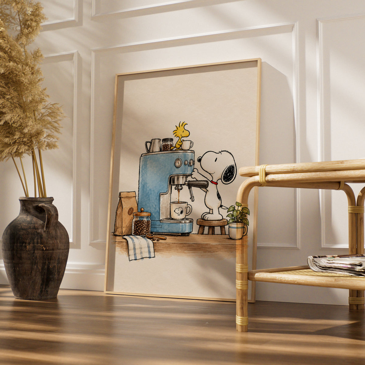 Beagle Dog Making Espresso, Retro Cartoon Poster, Funny Coffee Kitchen Wall Art, Quirky Decor — styled room mockup 4