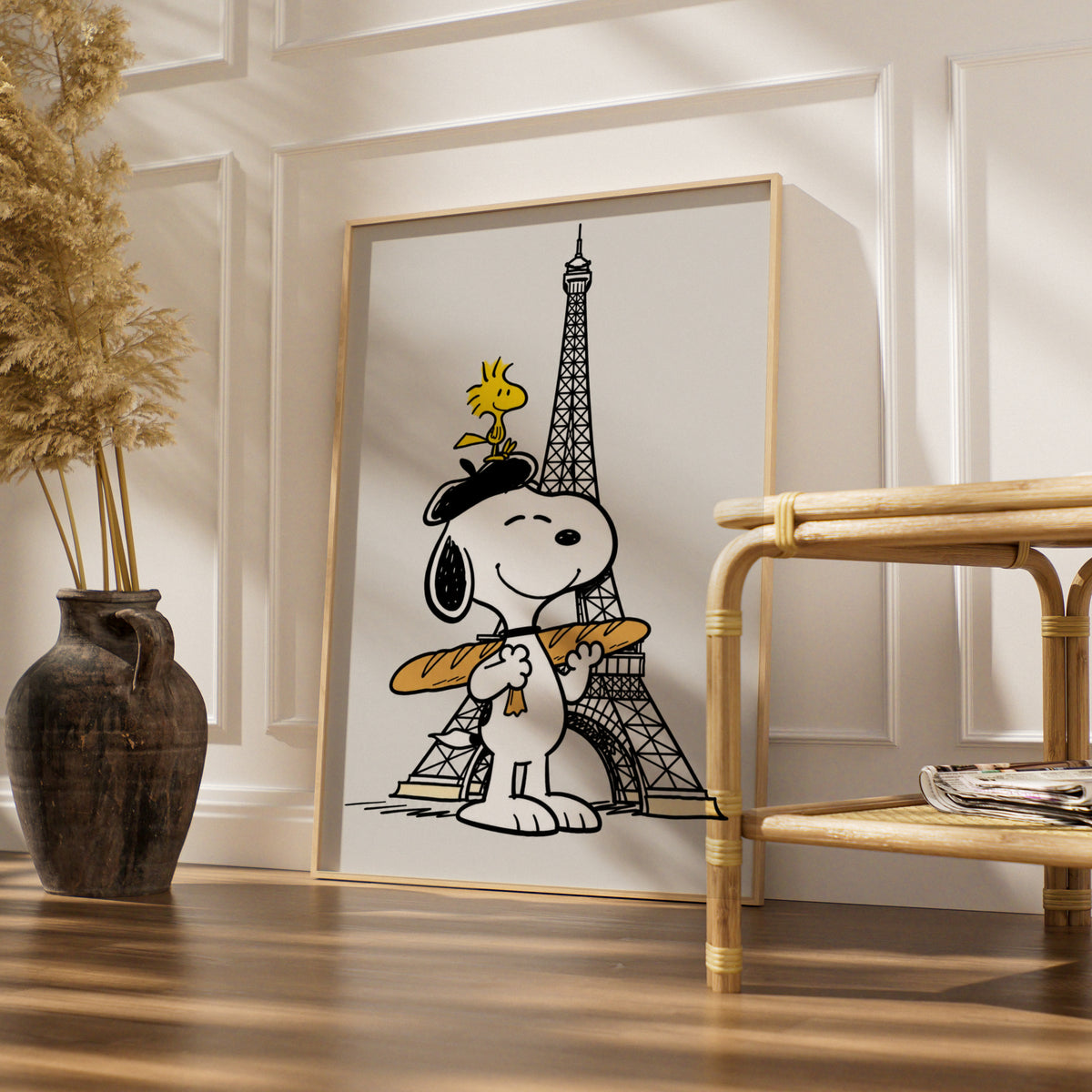 Cartoon Beagle in Beret with Baguette, Paris Eiffel Tower Poster, Funny Cartoon Wall Art — styled room mockup 4