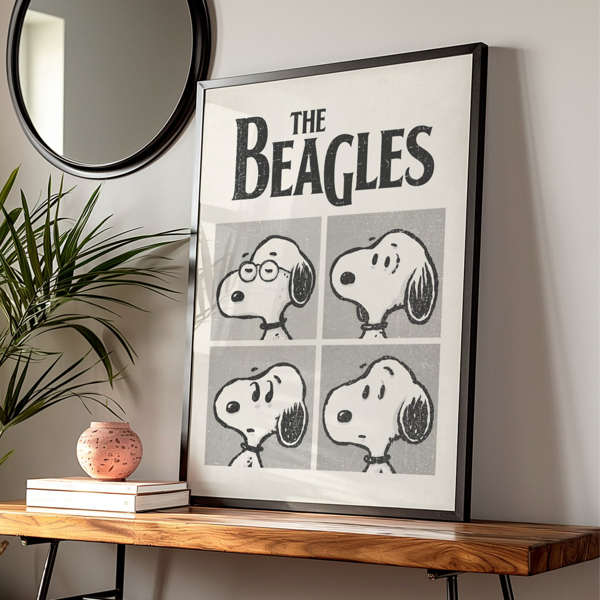 The Beagles Cartoon Poster, Retro Cartoon Print, Funny Wall Art, Black and White Dog Quirky Decor — styled room mockup 1