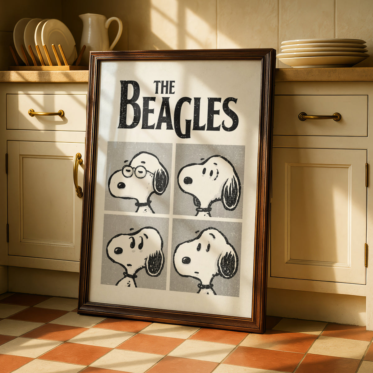 The Beagles Cartoon Poster, Retro Cartoon Print, Funny Wall Art, Black and White Dog Quirky Decor — styled room mockup 2