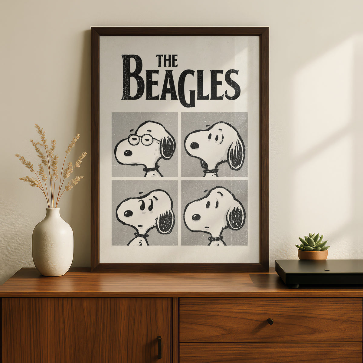 The Beagles Cartoon Poster, Retro Cartoon Print, Funny Wall Art, Black and White Dog Quirky Decor — styled room mockup 5