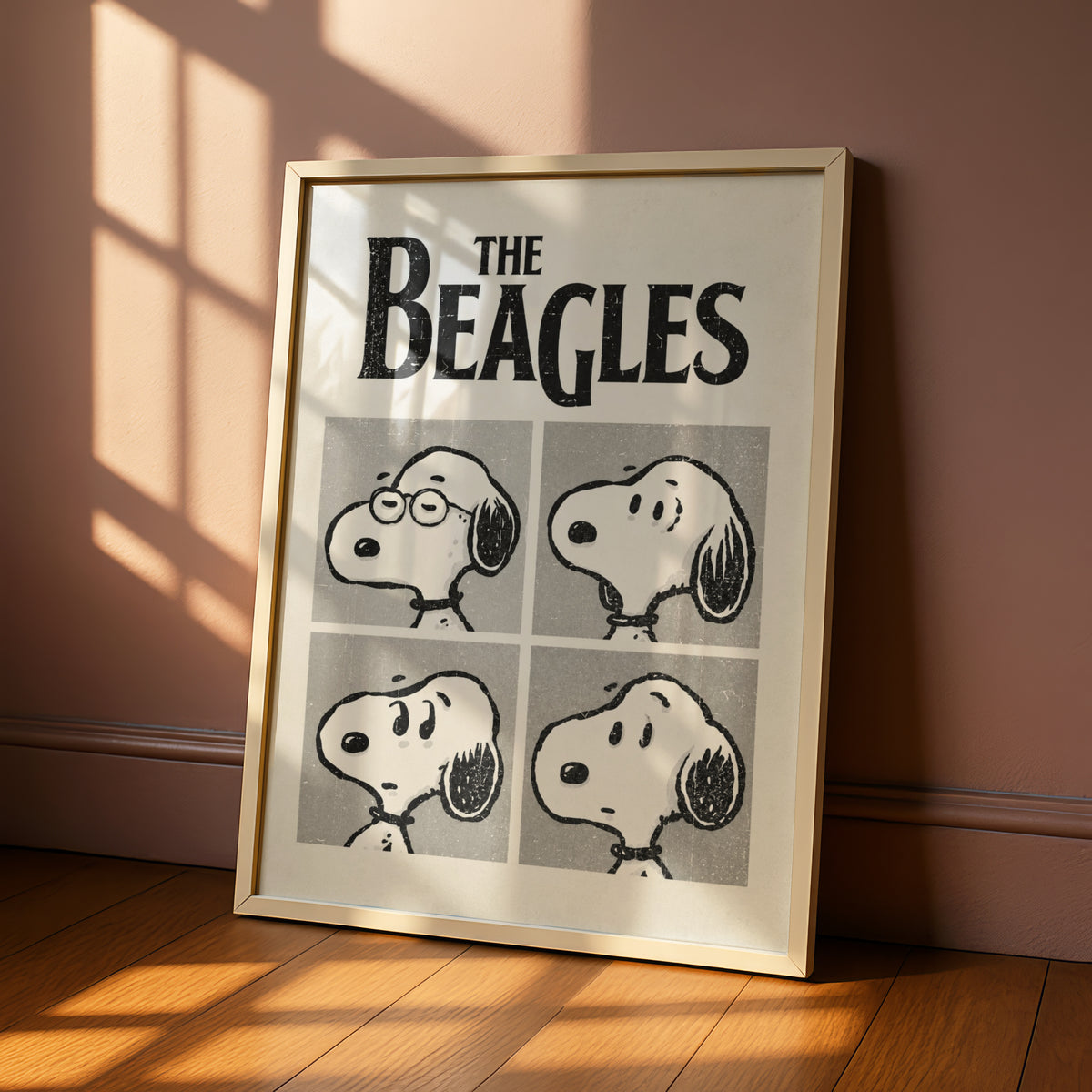 The Beagles Cartoon Poster, Retro Cartoon Print, Funny Wall Art, Black and White Dog Quirky Decor — styled room mockup 6