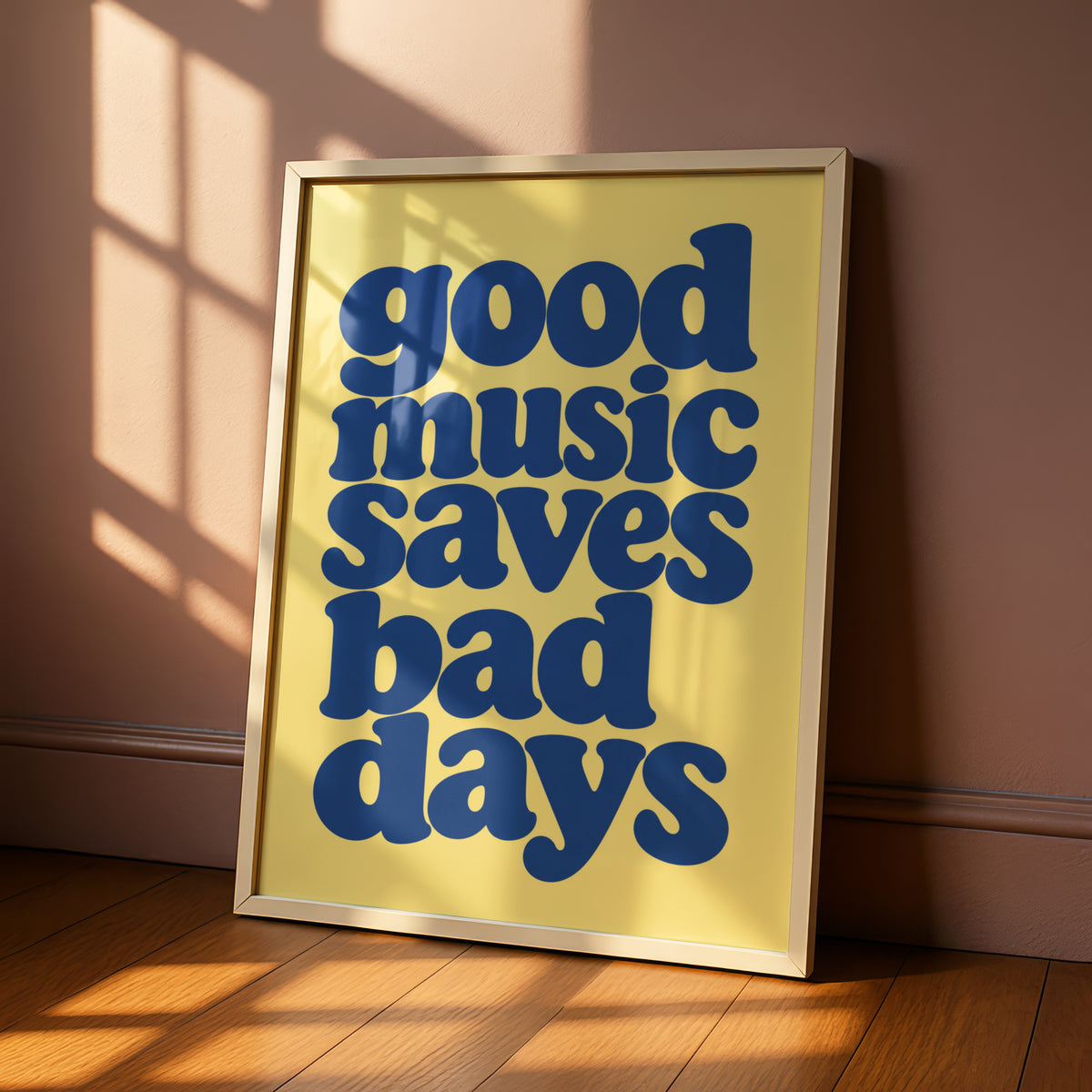 Good Music Saves Bad Days Quote Print, Retro Typography Poster, Blue Yellow Wall Art