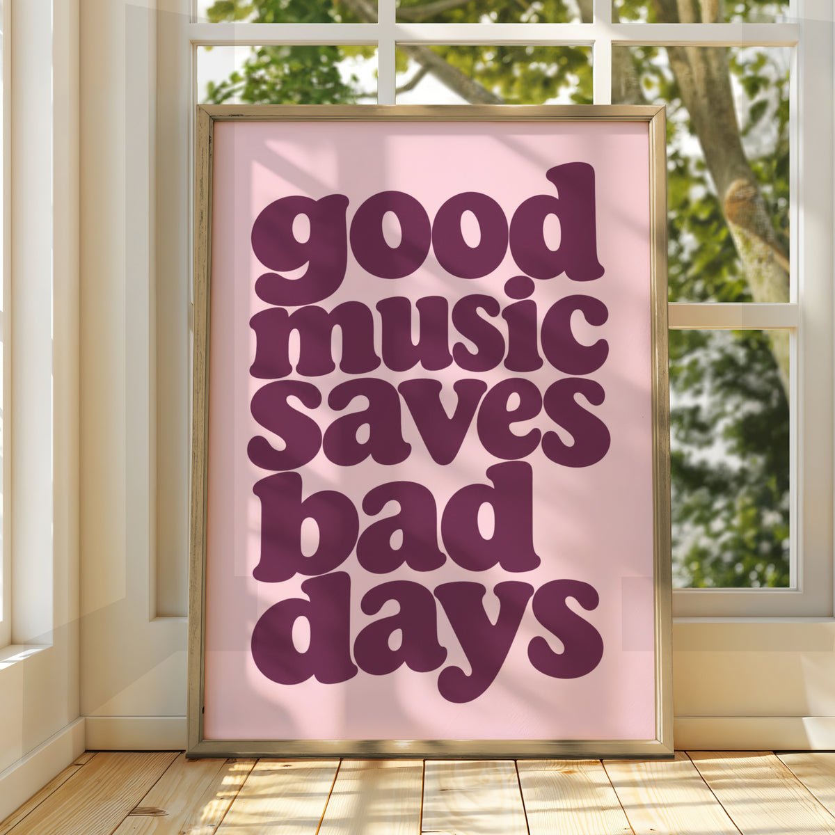 Good Music Saves Bad Days Quote Print, Retro Typography Poster, Pink Plum Wall Art