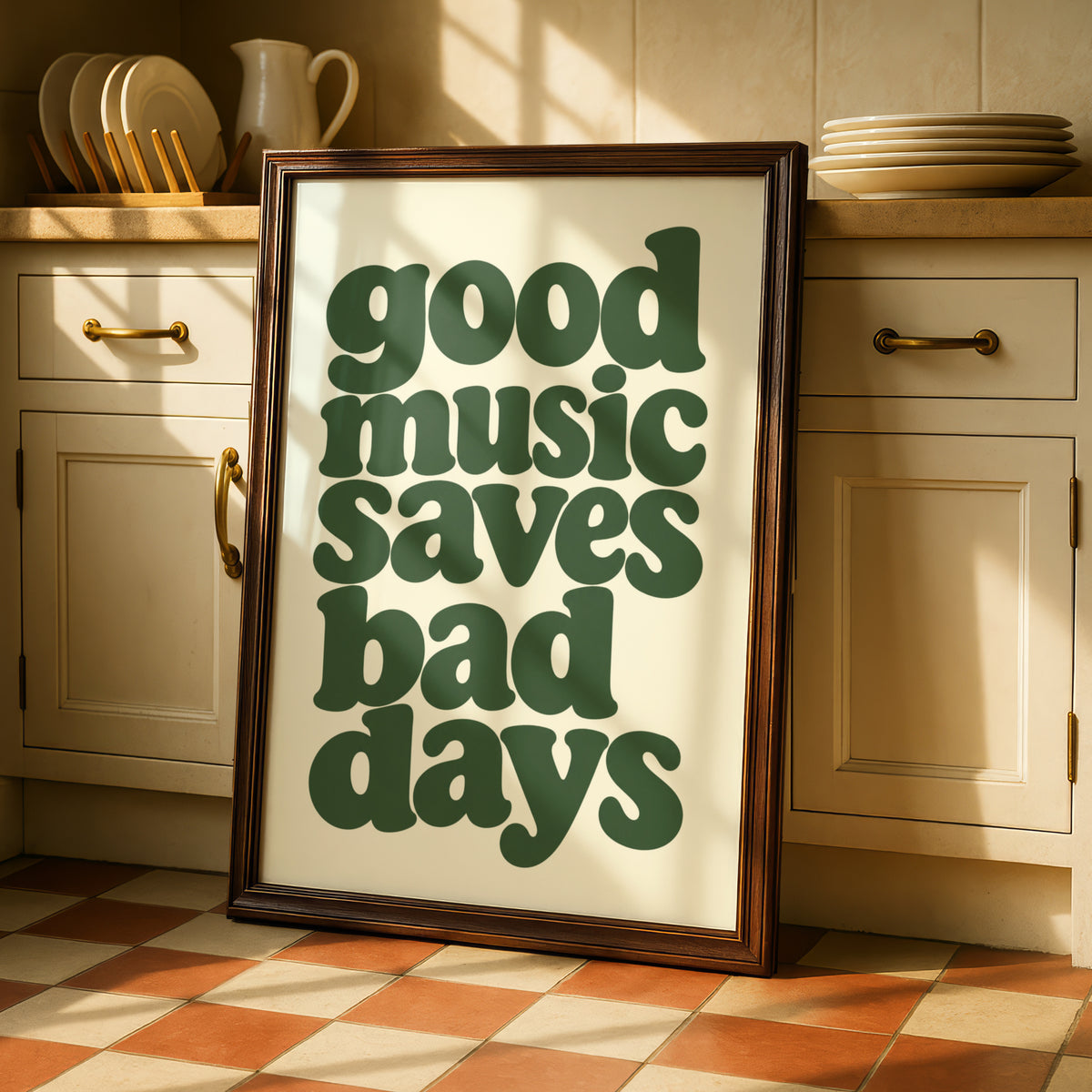 Good Music Saves Bad Days Quote Print, Retro Typography Poster, Green Cream Wall Art