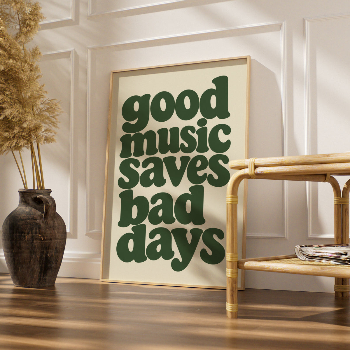 Good Music Saves Bad Days Quote Print, Retro Typography Poster, Green Cream Wall Art