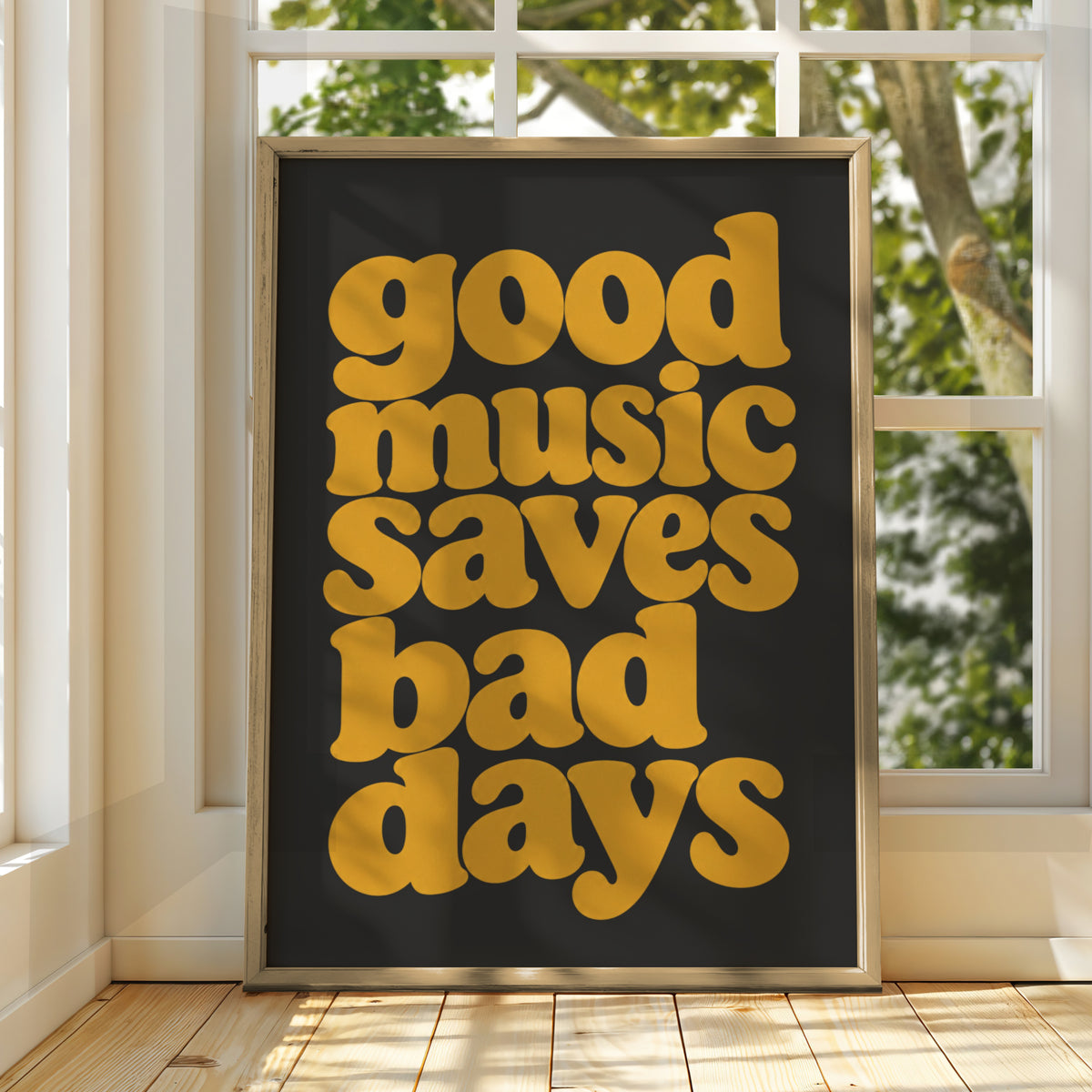 Good Music Saves Bad Days Quote Print, Retro Typography Poster, Mustard Charcoal Wall Art