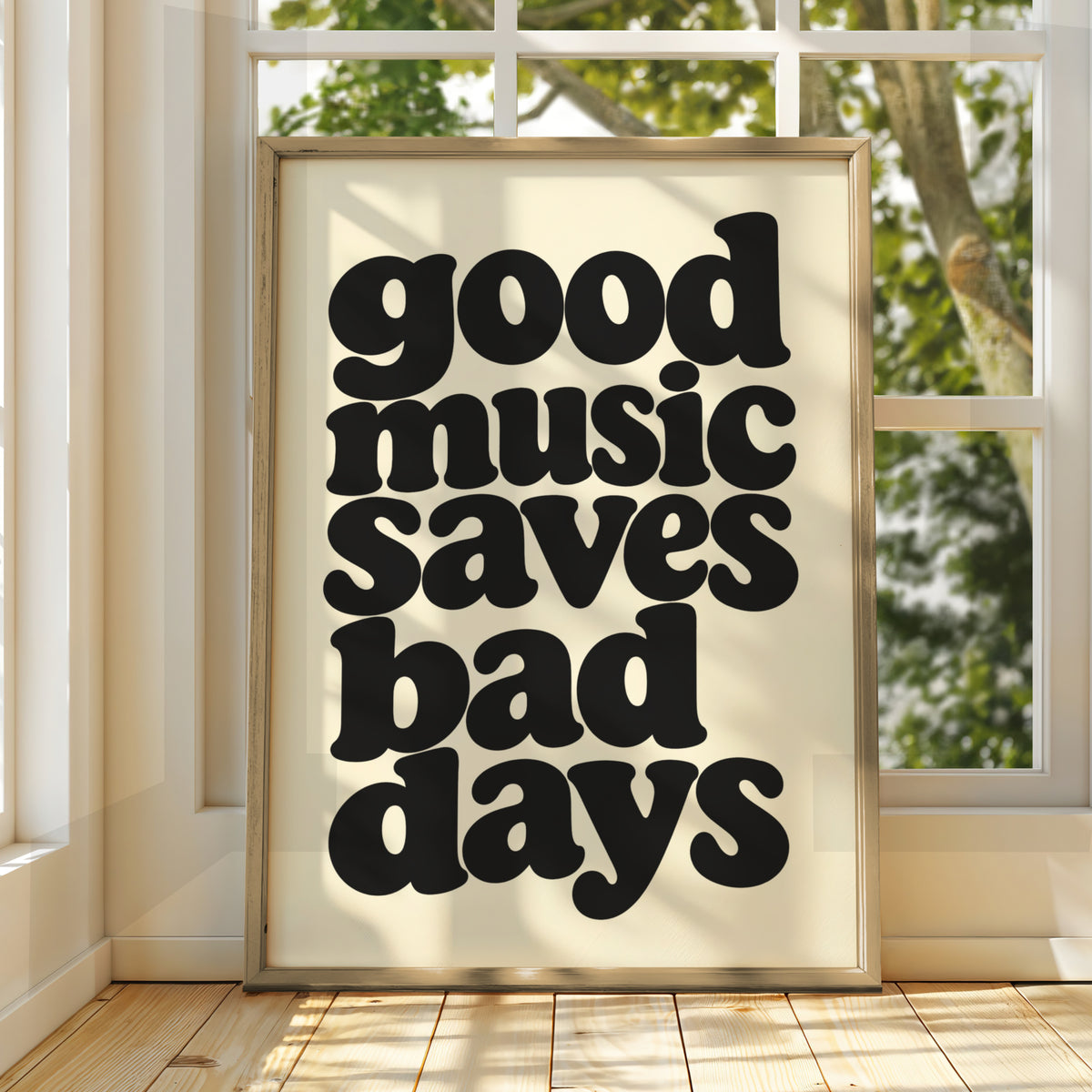 Good Music Saves Bad Days Quote Print, Retro Typography Poster, Black Cream Music Wall Art