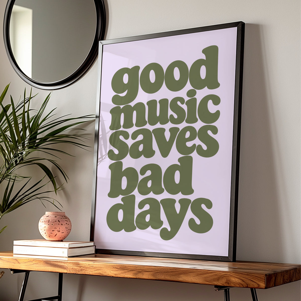 Good Music Saves Bad Days Quote Print, Retro Typography Poster, Olive Green Lilac Wall Art — Digital Download