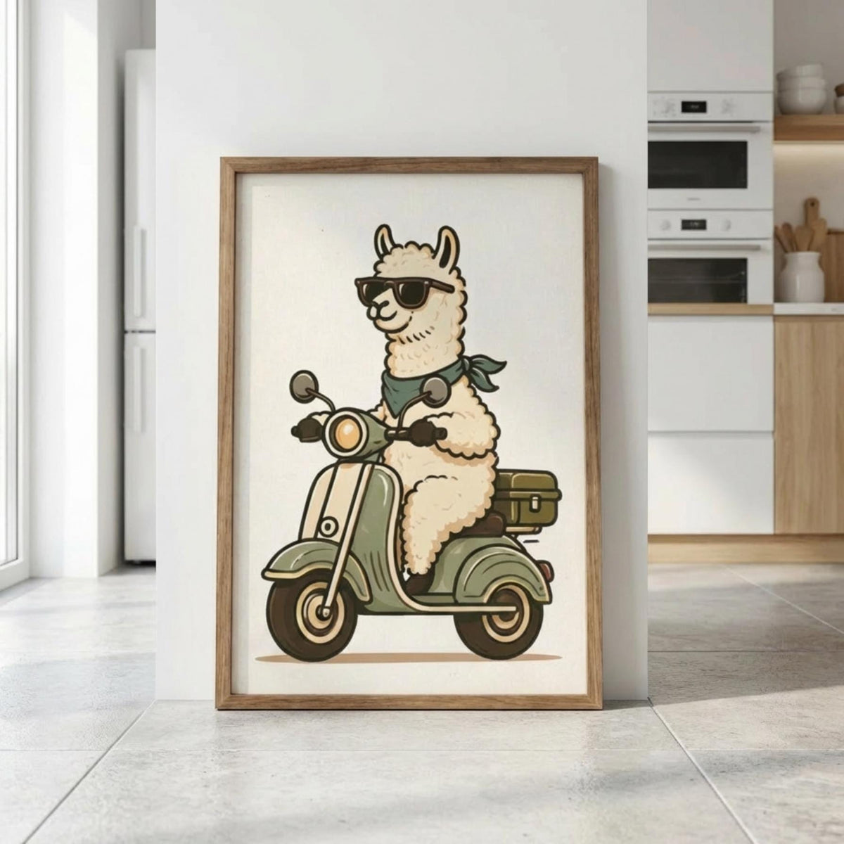 Llama Wall Art, Alpaca Scooter Poster, Animal Print, Retro Scooter Decor — Digital Download