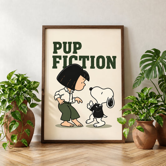 Oak-framed display example of Pup Fiction artwork beside houseplants.