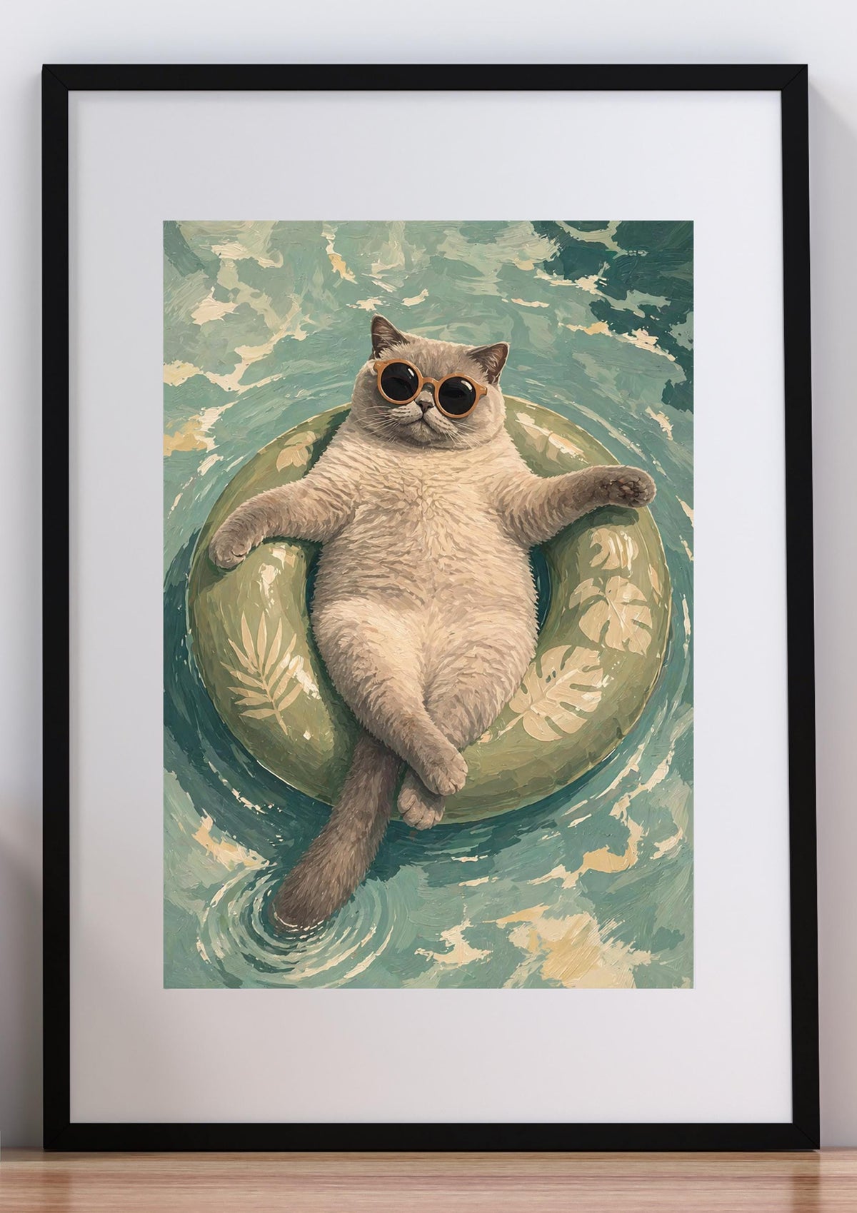 Floating Cat Art Print, Summer Pool Wall Decor, Cat with Sunglasses wall art print