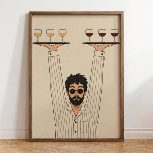 Retro Waiter, Minimalist Line Art Poster, Retro Wine Illustration wall art print