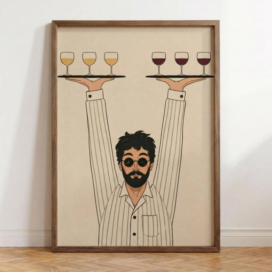Retro Waiter, Minimalist Line Art Poster, Retro Wine Illustration wall art print