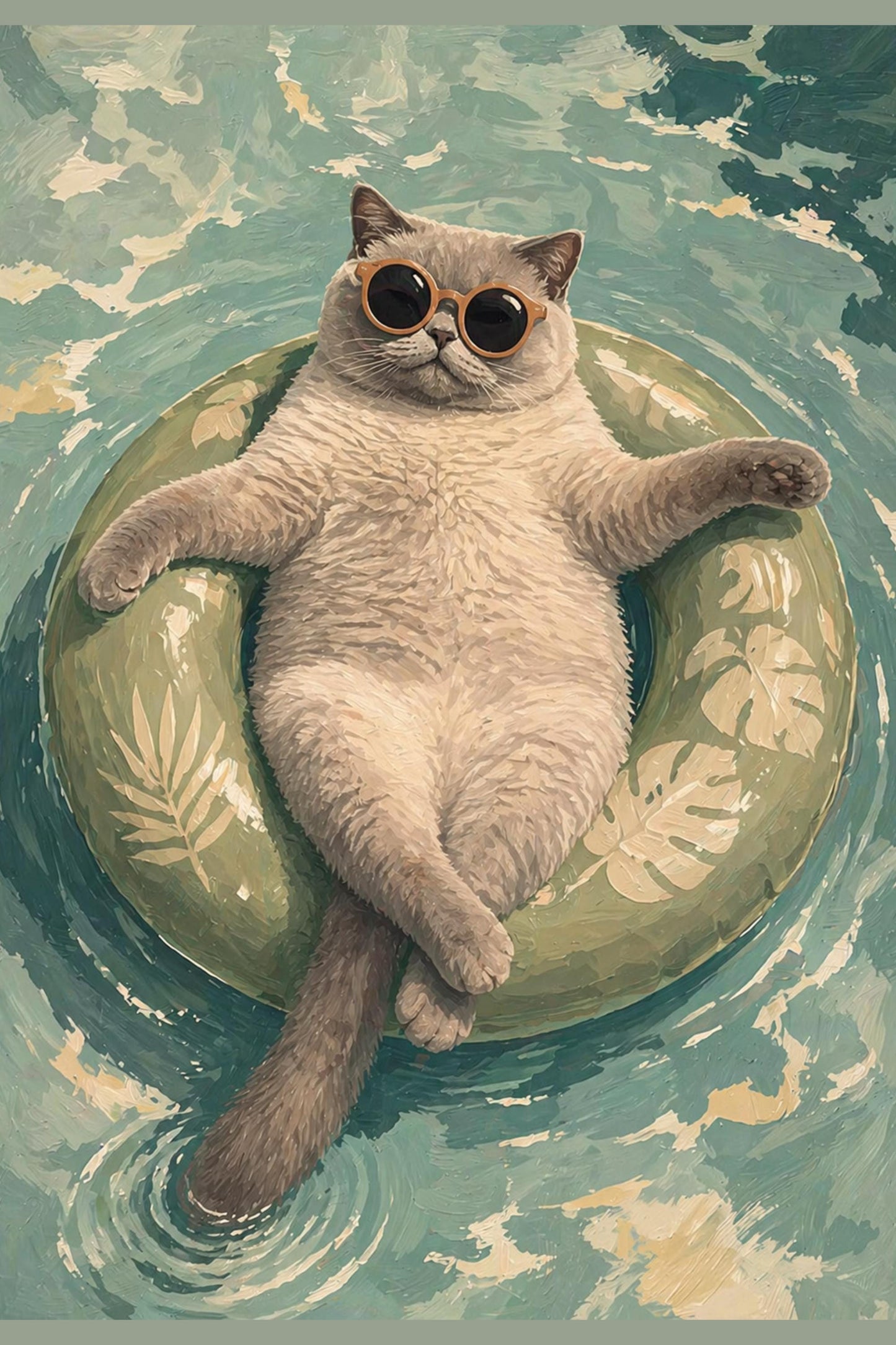 Floating Cat Art Print, Summer Pool Wall Decor, Cat with Sunglasses wall art print