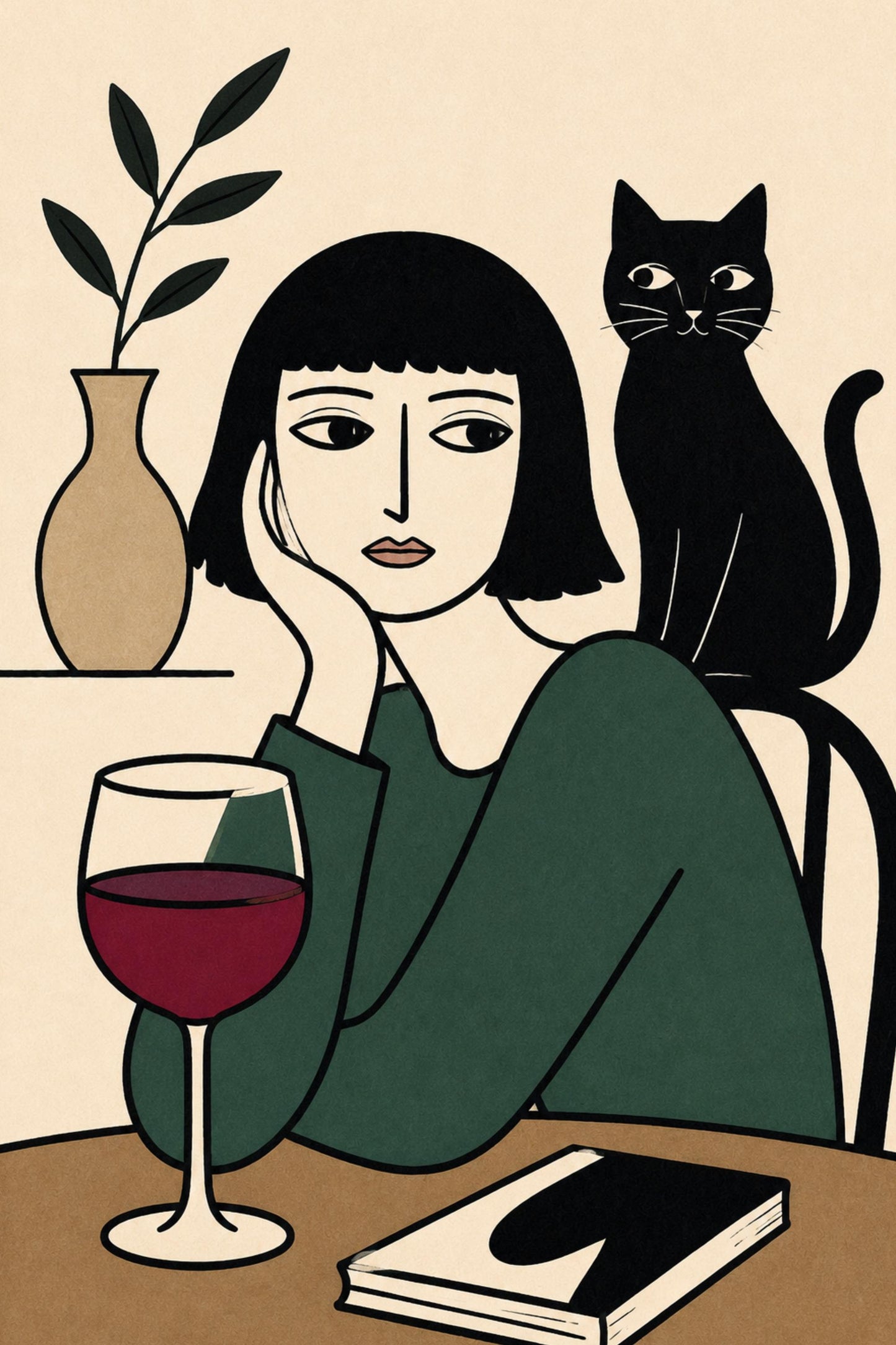 Black Cat Wine Poster, Minimalist Woman Wall Art, Modern Line Art Print wall art print