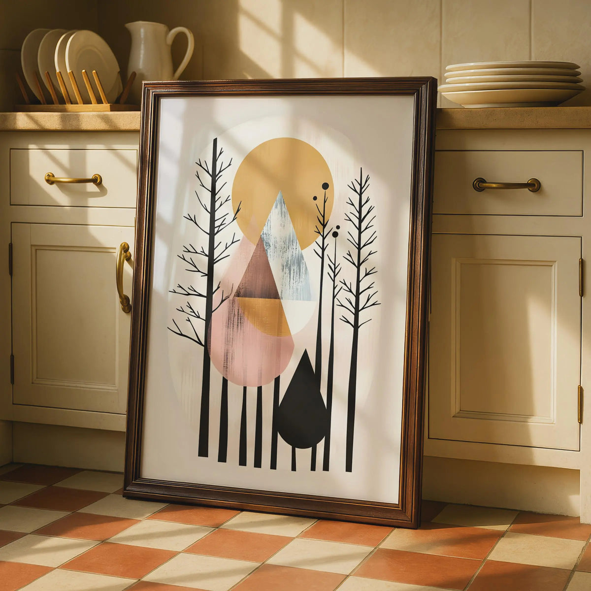 Boho Abstract Forest Art Print, Geometric Mountain Poster, Minimalist Wall Decor, Nature Inspired wall art print