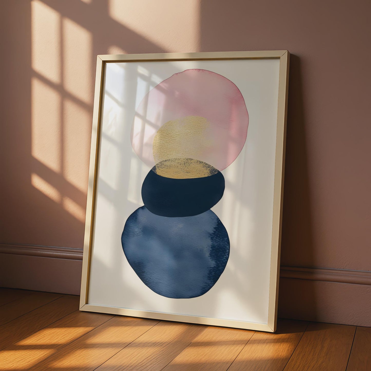 Boho Abstract Wall Art, Watercolour Circles in Pink, Gold, and Blue, Minimalist Decor Print wall art print