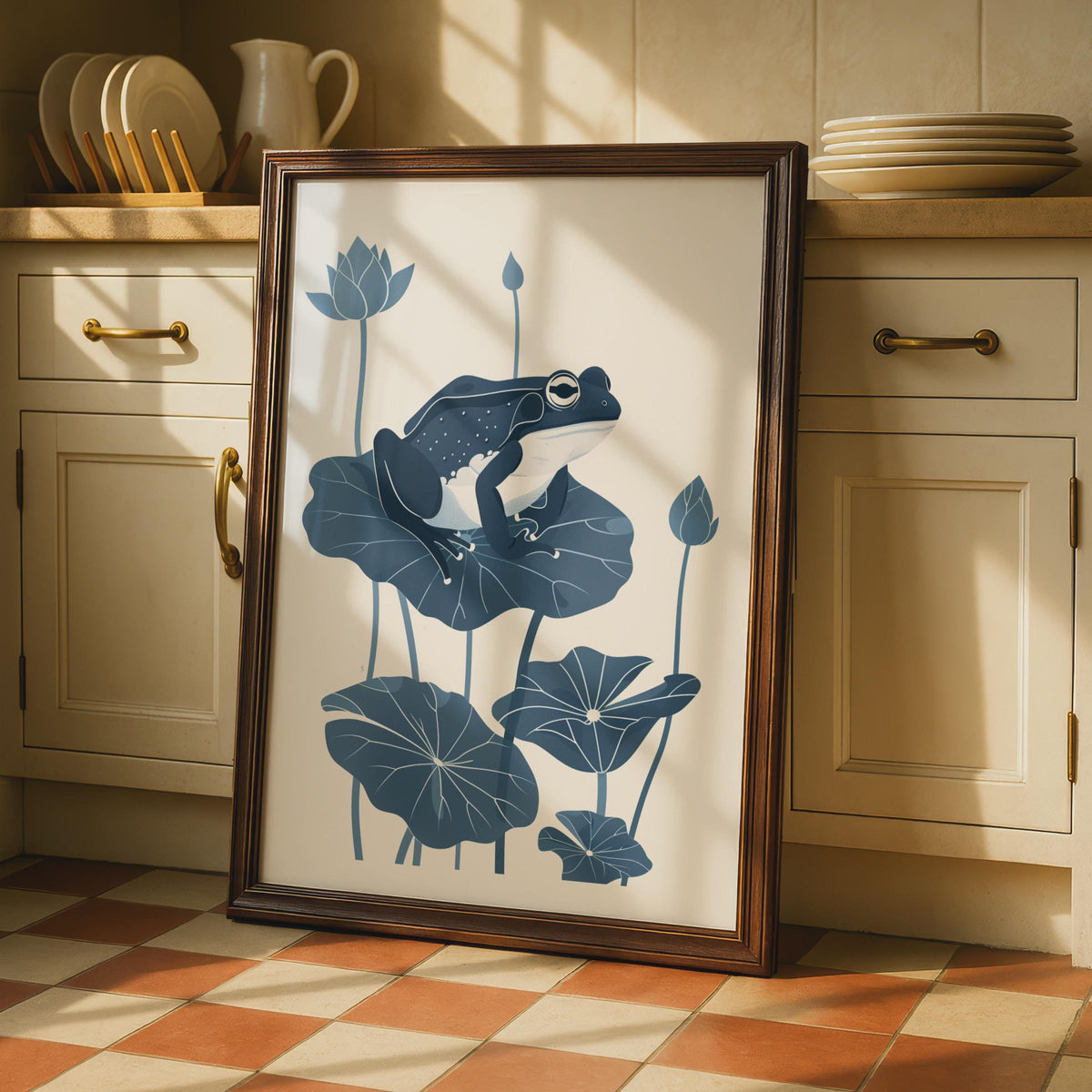Frog on Lily Pad Poster, Navy Blue Botanical Animal Print, Minimalist Frog Wall Art wall art print