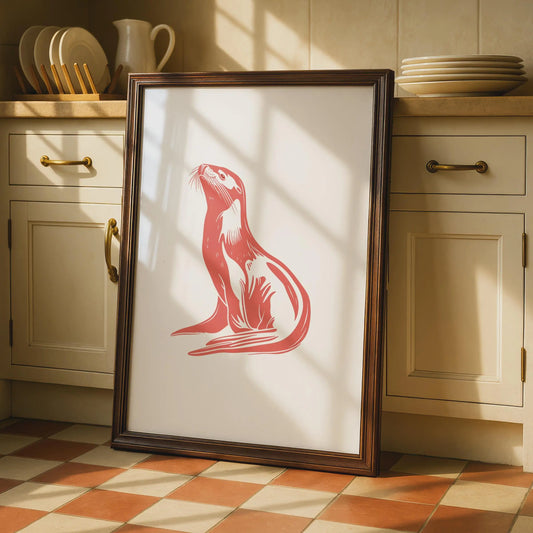 Otter Animal Poster, Coral Red Wildlife Print, Minimalist Otter Wall Art, Nature Decor wall art print