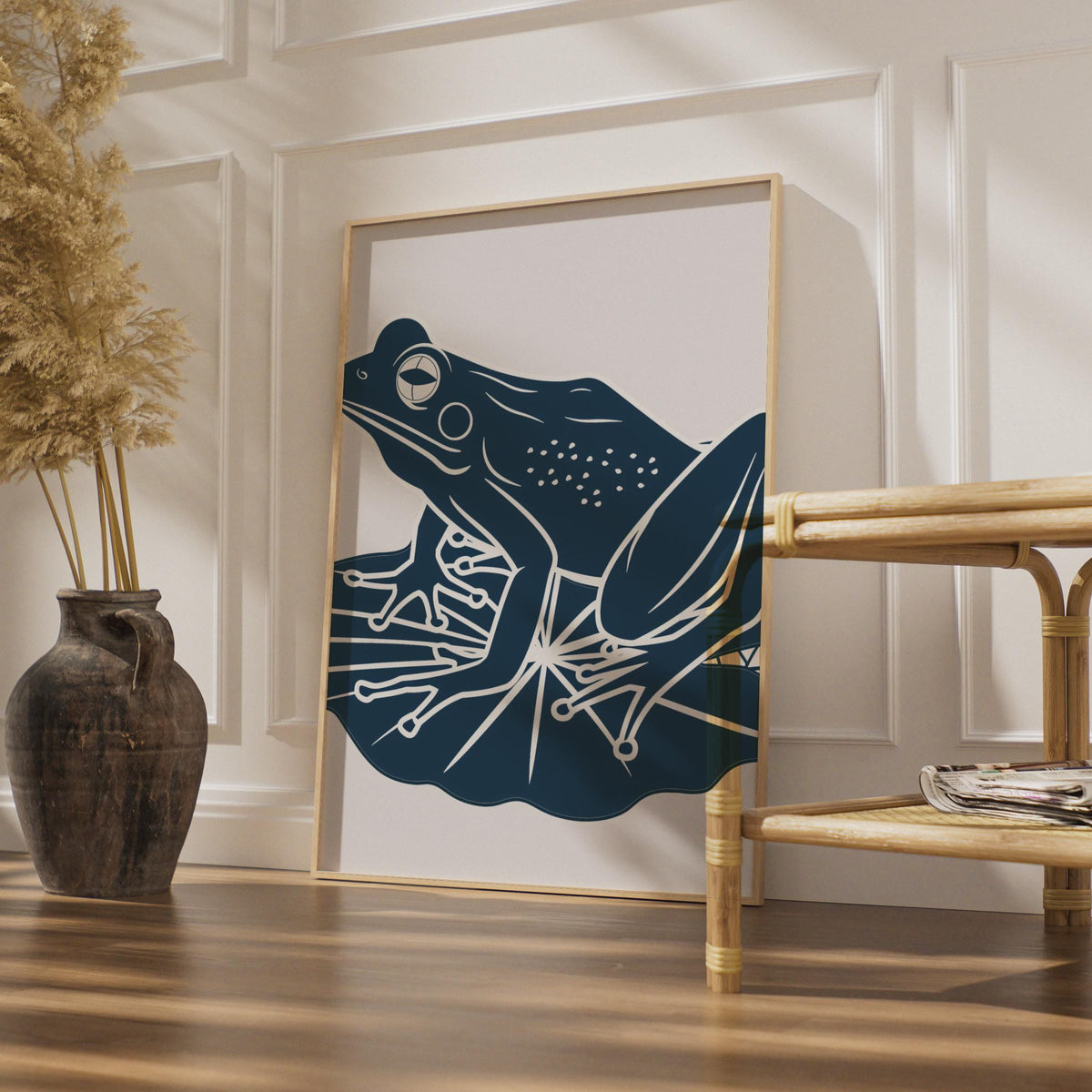 Frog on Lily Pad Poster, Navy Blue Minimalist Animal Print, Frog Wall Art Decor wall art print