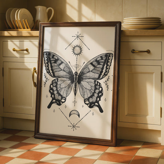 Vintage Butterfly Art Print, Intricate Black and White Butterfly Poster, Mystical Wall Decor wall art print