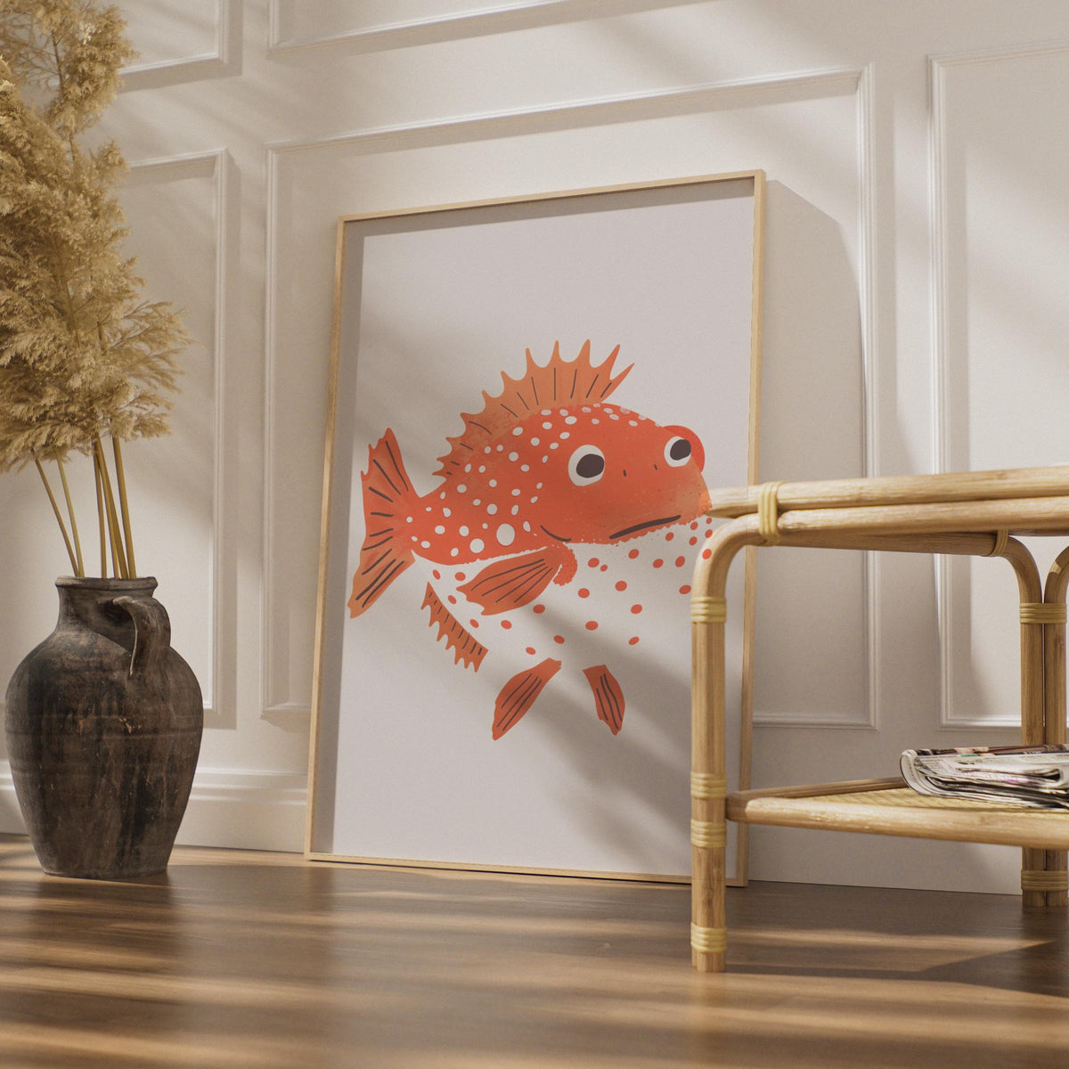 Spiky Orange Fish Print, Quirky Sea Creature Wall Art, Kids Room Decor wall art print