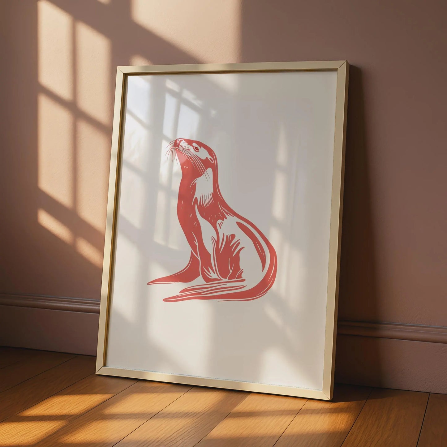 Otter Animal Poster, Coral Red Wildlife Print, Minimalist Otter Wall Art, Nature Decor wall art print