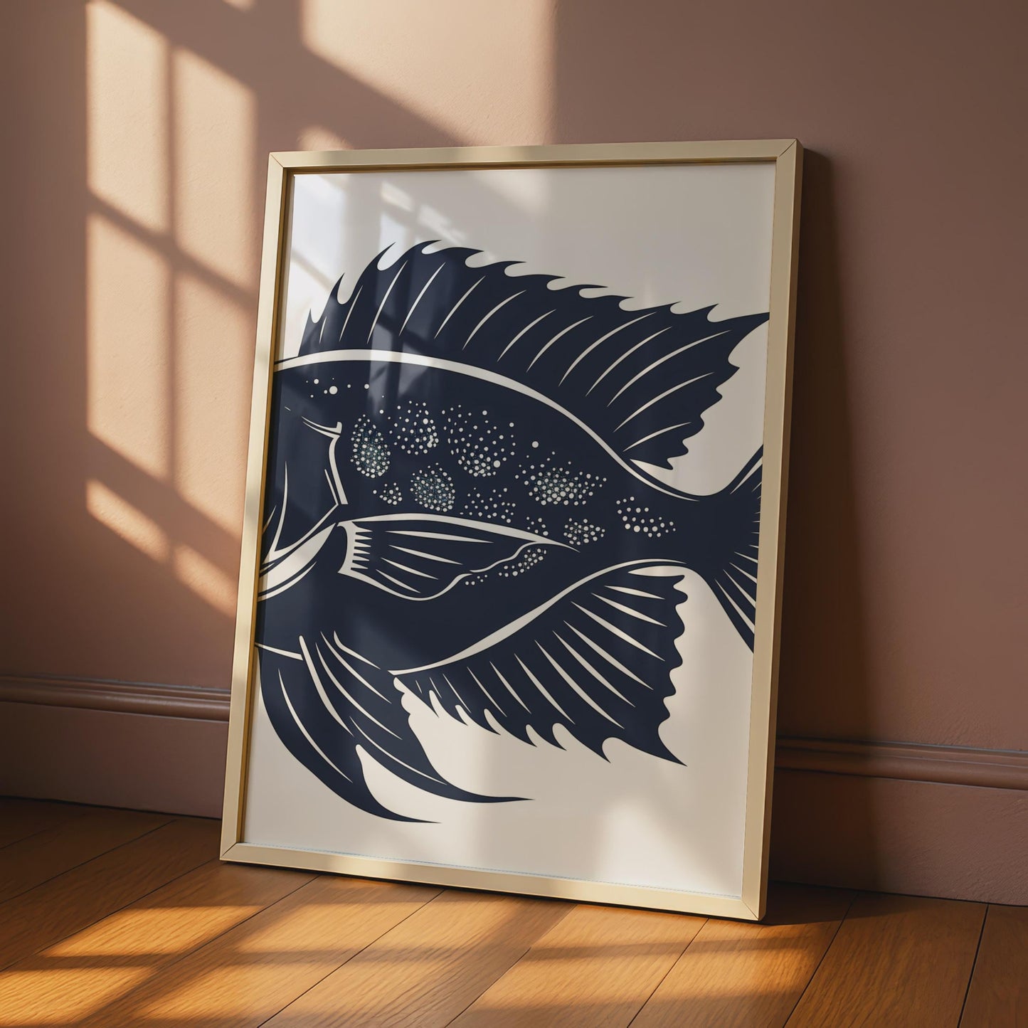 Navy Blue Tropical Fish Print, Minimalist Ocean Wall Art, Woodcut Style Decor wall art print
