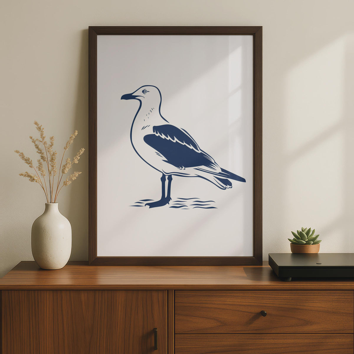 Seagull Poster, Navy Blue Bird Print, Coastal Wall Art, Minimalist Seabird Decor wall art print