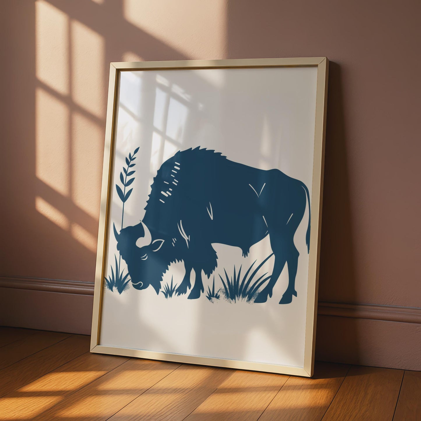 Bison Animal Poster, Navy Blue Buffalo Print, Minimalist Wildlife Wall Art, Nature Decor wall art print
