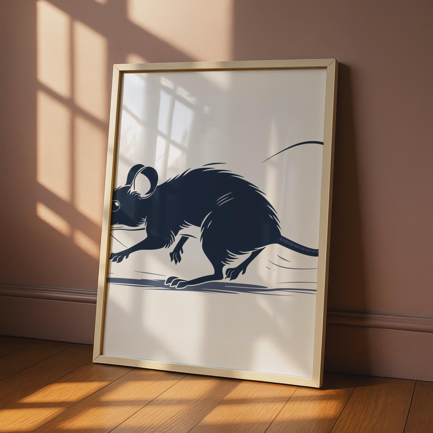 Navy Blue Rat Illustration Print, Minimalist Rodent Wall Art, Dark Ink Style Decor wall art print