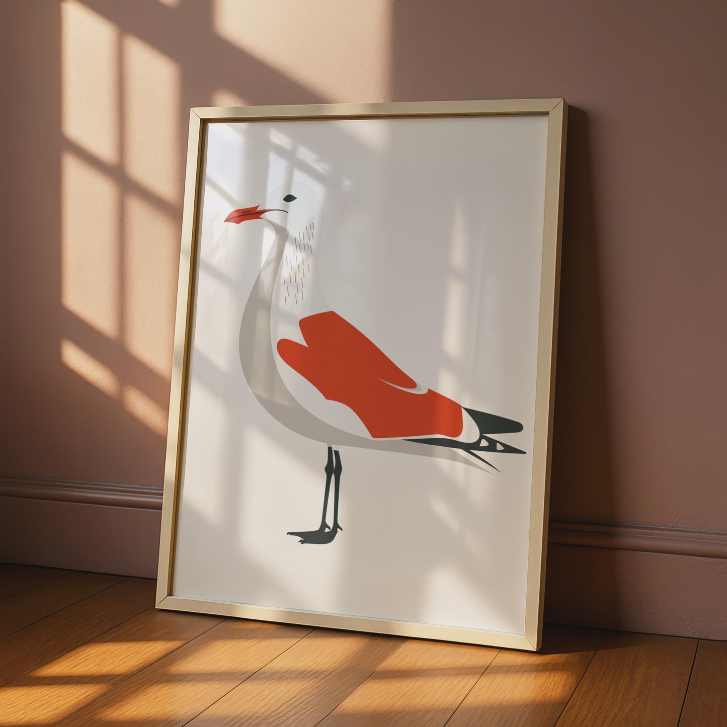 Seagull Animal Poster, Minimalist Bird Print, Coastal Wall Art, Red and White Decor wall art print