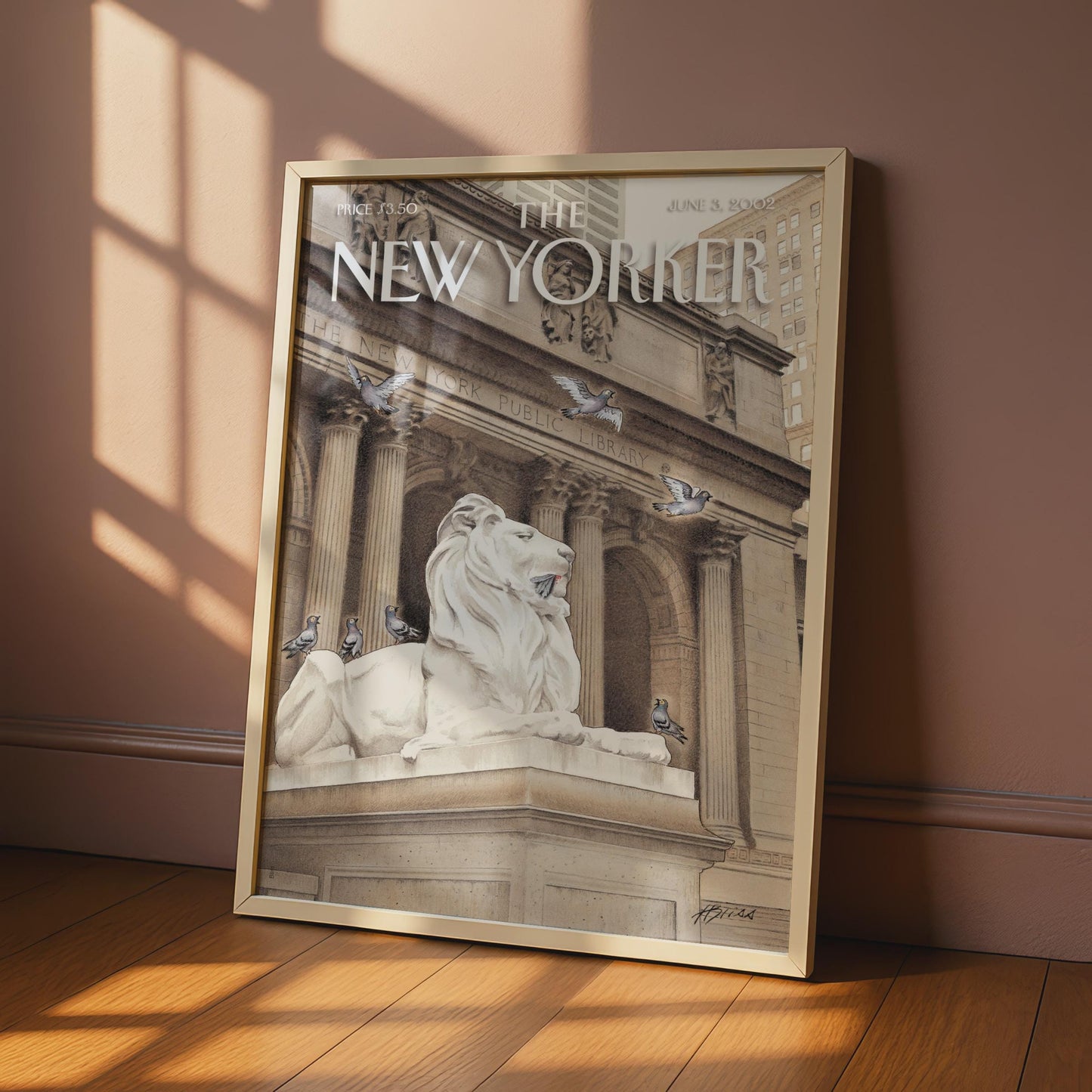 New Yorker Cover Poster, NYC Public Library Lion, New York Wall Art, Pigeon Print wall art print