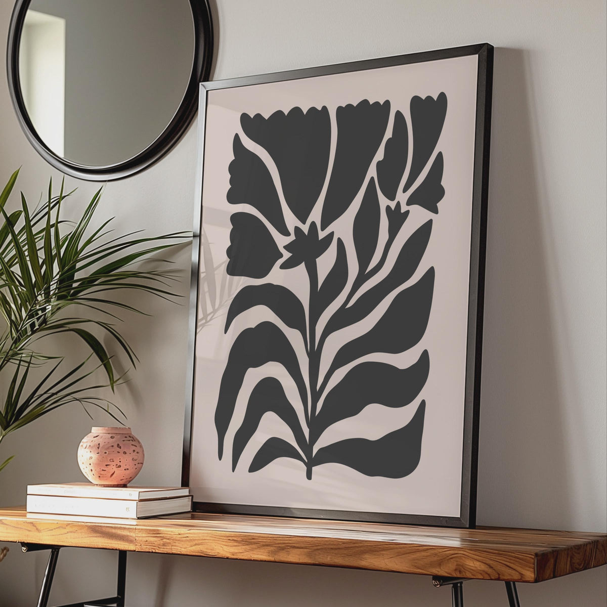Botanical Flower Print, Minimalist Floral Wall Art, Black Flowers on Soft Pink Background